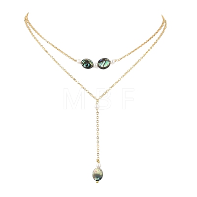 Natural Paua Shell Geometric Y Pendant Brass Double Layered Necklaces NJEW-JN06532-1
