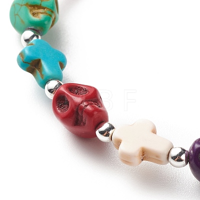 Synthetic Turquoise(Dyed) Cross & Skull Beaded Stretch Bracelet BJEW-JB08452-1