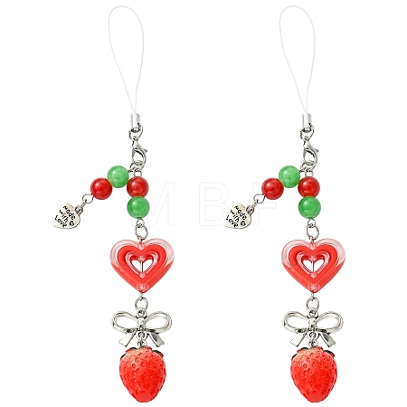2Pcs Acrylic Heart & Resin Strawberry & Alloy Bowknot & Glass Bead Mobile Straps HJEW-YW00323-1