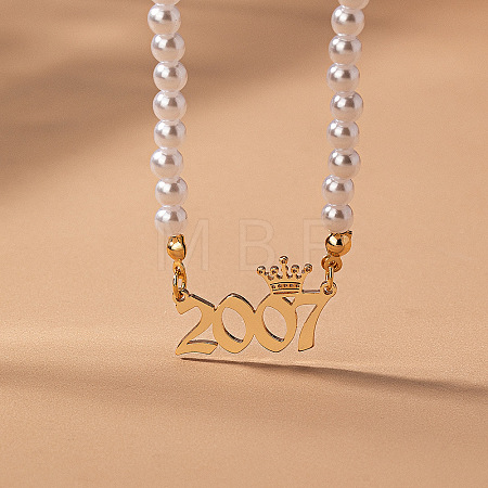 Alloy Crown Birth Year Pendant Imitation Pearl Round White Beaded Necklaces for Women FS-WG173C9-04-1