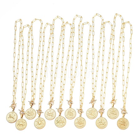 Flat Round with 12 Constellation/Zodiac Sign Pendant Necklaces Sets NJEW-JN03126-1