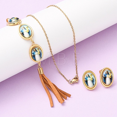 304 Stainless Steel Resin Pendant Necklaces & Stud Earrings Sets for Women SJEW-B022-02G-1