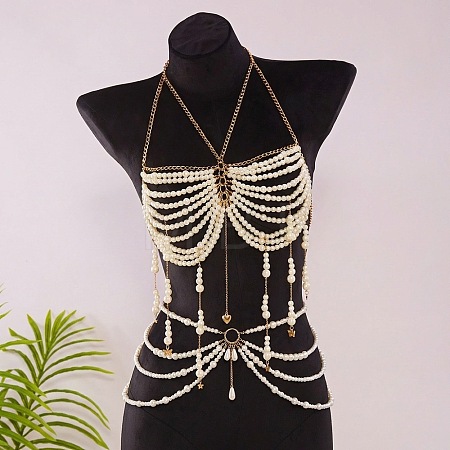 Alloy Heart Imitation Pearl Round Beaded Layered Tassel Body Chest Waist Chains WGA0E03-04-1