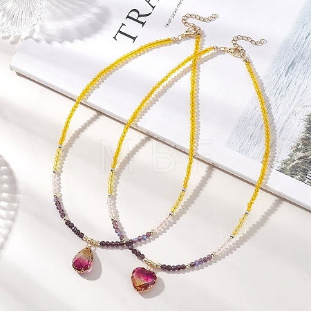 2Pcs 2 Styles Violet K9 Glass Teardrop Heart Pendant Colorful Electroplated Glass Faceted Rondelle Beaded Necklaces NJEW-JN05753-1