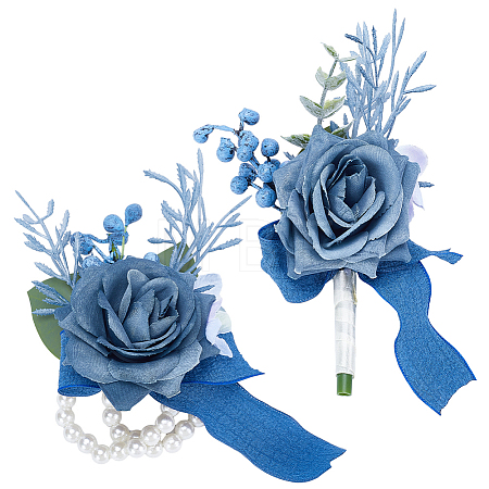 2Pcs 2 Style Silk Cloth & Plastic Imitation Flower Corsage Boutonniere & Wrist Corsage JEWB-CP0001-27A-1
