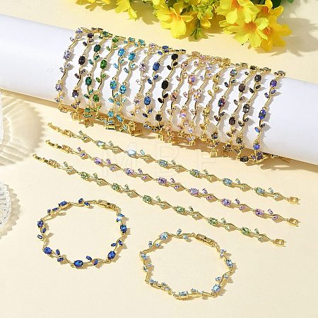 Brass Glass Flower Link Chain Bracelets KK-CBA7DFA-01G-C-1