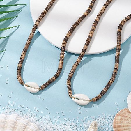 Summer Natural Shell and Coconut Heishi Beaded Necklaces NJEW-JN05177-1
