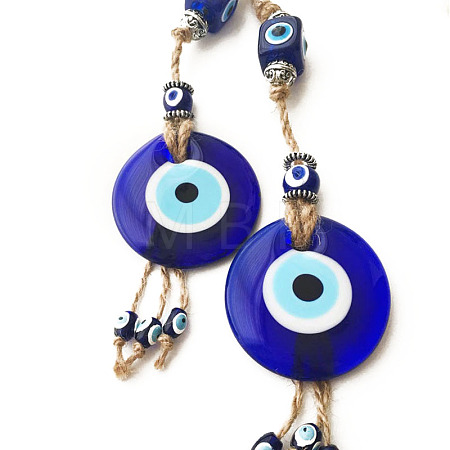 Flat Round with Evil Eye Glass Tassel Pendant Decorations EVIL-PW0002-17-1