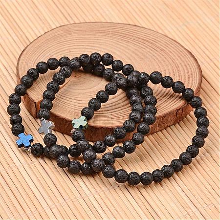 Cross Natural Lava Rock Beaded Stretch Bracelets BJEW-JB02258-1