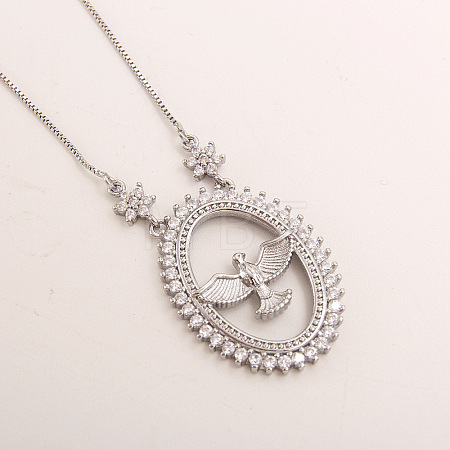 Brass Micro Pave Clear Cubic Zirconia Oval with Bird Pendant Necklaces for Women FS-WG0E9B0-01-1