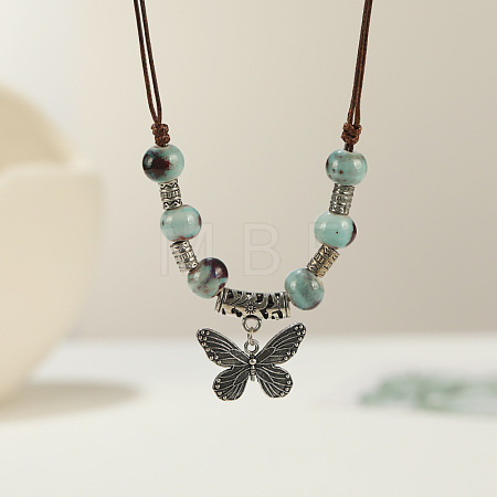 Ethnic Style Butterfly Alloy & Porcelain Beads Pendant Long Necklaces for Women FS-WG12891-12-1