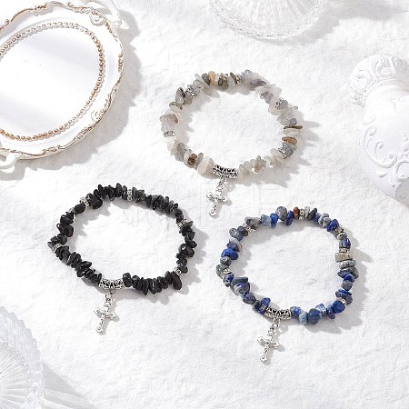 3Pcs Natural Mixed Gemstone Chip Beaded Stretch Bracelets BJEW-JB12316-1