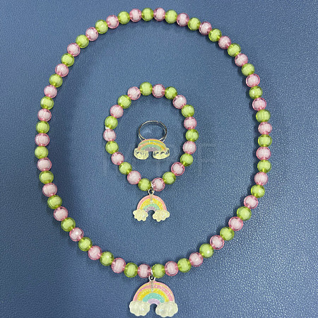 Resin & Glass Bead Pendant Necklaces & Charm Bracelets & Rings Sets FS-WGCCE83-04-1
