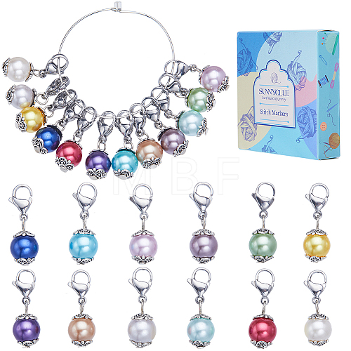 Baking Painted Pearlized Glass Pearl Round Pendant Locking Stitch Markers HJEW-SC00005-1