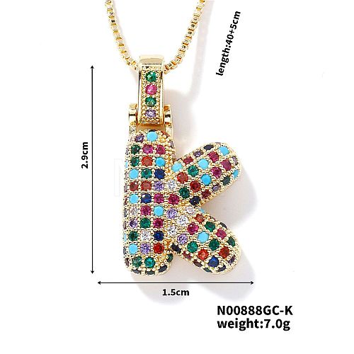 Brass Pave Colorful Cubic Zirconia Letter Pendant Box Chain Necklaces NU0575-11-1