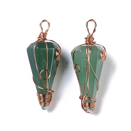 Natural Green Aventurine Copper Wire Wrapped Big Pendants G-B073-02RG-02-1