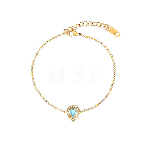 Cubic Zirconia Teardrop Link Bracelet with Golden Stainless Steel Cable Chains DH6731-4-1