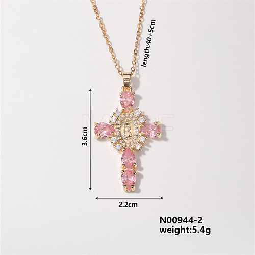 Elegant Vintage Corss with Virgin Mary Brass Micro Pave Cubic Zirconia Pendant Necklaces XD2097-2-1