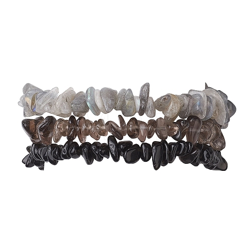 3Pcs Natural Smoky Quartz & Natural Obsidian & Natural Labradorite Chip Beaded Stretch Bracelet Sets BJEW-JB10860-1