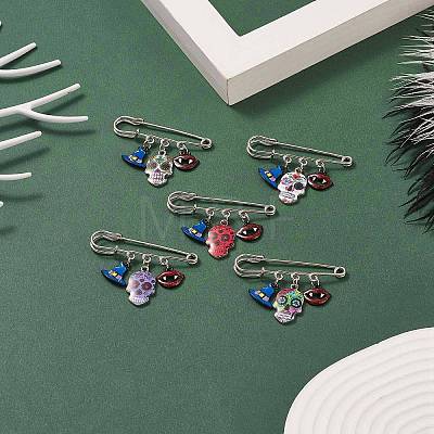 Halloween Skull & Witch Hat & Lip Alloy Enamel Charms Safety Pin Brooch JEWB-BR00089-1