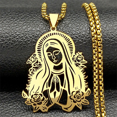 304 Stainless Steel Laser Cut Virgin Mary Pendant Box Chain Necklaces FS-WG69F53-02-1