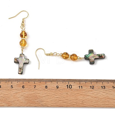 Natural Amber & Abalone Shell/Paua Shell Beads Dangle Earrings EJEW-JE07315-03-1