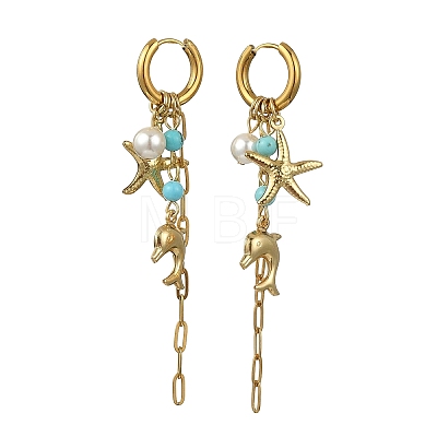 Dolphin & Starfish 304 Stainless Steel & Shell Pearl Hoop Earrings for Women EJEW-JE07128-1