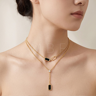 304 Stainless Steel & Acrylic Black Rectangle Pendant Double Layer Necklaces WG00B28-02-1