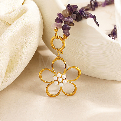 Summer Faux Pearl 304 Stainless Steel Flower Pendant Natural Amethyst Chip Beaded Necklaces for Women WGDF0A1-01-1
