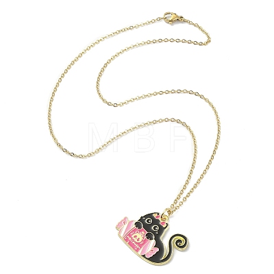 Halloween Theme Alloy Enamel Cat Pendant Necklace with 304 Stainless Steel Cable Chains NJEW-JN04371-1