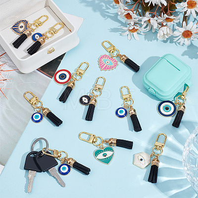 11Pcs Evil Eye Theme Alloy Enamel & Faux Suede Tassel Pendant Decorations HJEW-NB00337-1