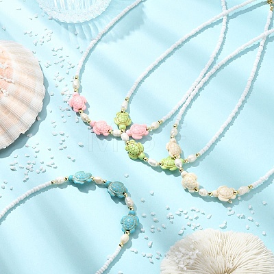 Ocean Sea Animals Synthetic Turquoise & Natural Cultured Freshwater Pearl & Glass Seed Beaded Necklaces for Women NJEW-JN06127-02-1