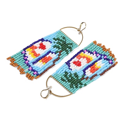 Boho Seed Bead Tree Pattern Tassel Earrings EJEW-Z072-01-1