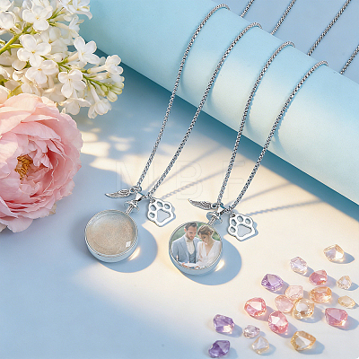 2Pcs Flat Round Glass with Alloy Photo Frame Locket Pendant Necklace Kits with Feather and Paw Print and 4Pcs Glass Cabochons NJEW-DR00043-1