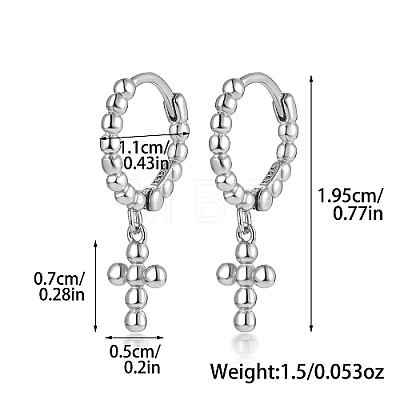 Anti-Tarnish Rhodium Plated 925 Sterling Silver Cross Dangle Hoop Earrings HE1465-2-1