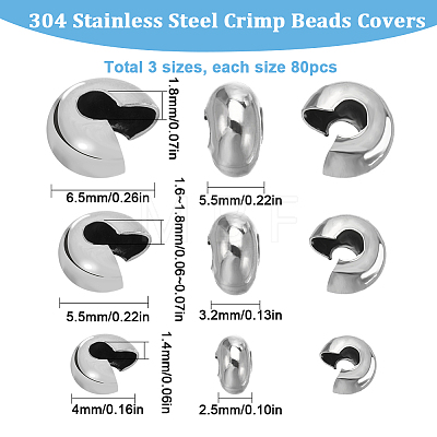 SUNNYCLUE 240Pcs 3 Style 304 Stainless Steel Crimp Beads Covers STAS-SC0005-86-1