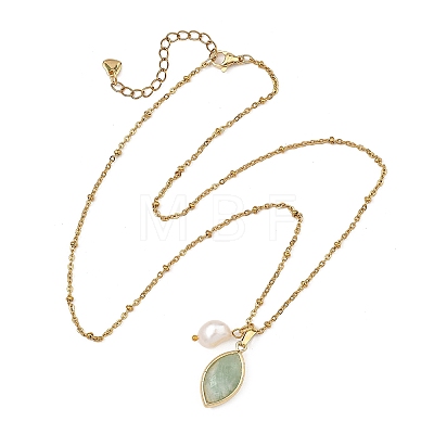 Rice Natural Pearl & Natural Green Fluorite Faceted Horse Eye Pendant 304 Stainless Steel Satellite Chain Necklaces for Women NJEW-JN06261-01-1
