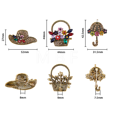3Pcs 3 Style Colorful Rhinestone Umbrella & Hat & Flower Basket Brooch Pin JEWB-FH0001-13-1