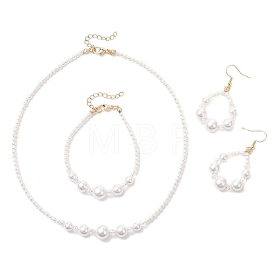 Round Natural Cultured Freshwater Pearl & Glass Beaded Bracelets & Necklaces & Dangle Earrings Sets SJEW-JS01366-1