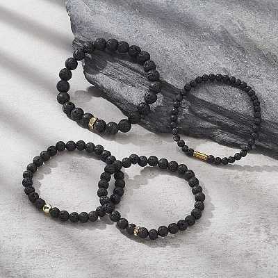 4Pcs 4 Style Column & Round & Flat Round Alloy & Natural Lava Rock & Synthetic Hematite Beaded Stretch Bracelets Set for Women BJEW-JB09366-1