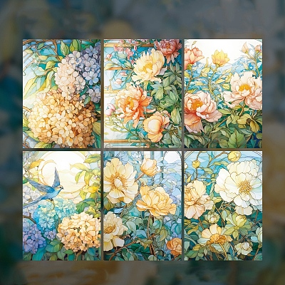 6Pcs 6 Styles flowers glazed Windows PET Stickers PW-WGE3BF6-05-1