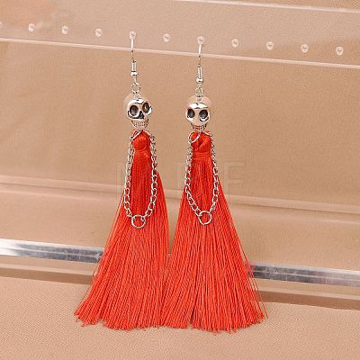Zinc Alloy Polyester Skull Tassel Dangle Earrings FS-WG69CBD-09-1
