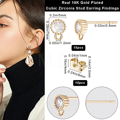 Beebeecraft 10Pcs Flat Round Brass Cubic Zirconia Stud Earring Findings KK-BBC0012-73-1