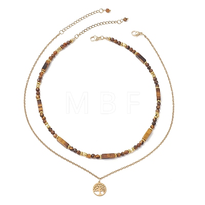 Tree of Life 304 Stainless Steel Pendant Cable Chain and Natural Tiger Eye Rectangle Round Beaded Double Layer Necklaces NJEW-JN05713-1