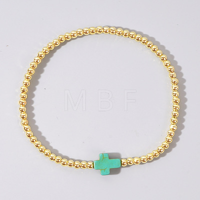 Cross Synthetic Turquoise & Round Brass Beaded Stretch Bracelets VG5379-6-1