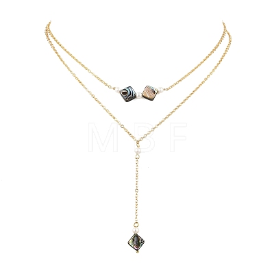 Natural Paua Shell Geometric Y Pendant Brass Double Layered Necklaces NJEW-JN06532-02-1