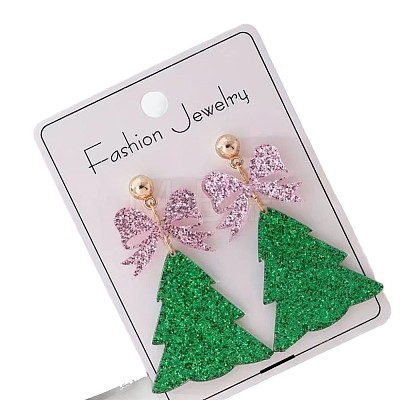 Transparent Acrylic Bowknot Christmas Tree Stud Dangle Earrings with Glitter Powder FS-WGF0814-01-1