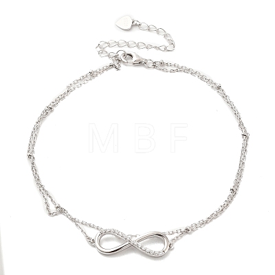 Rhodium Plated 925 Sterling Silver Double Layered Cable Chain Anklet AJEW-F162-007P-1
