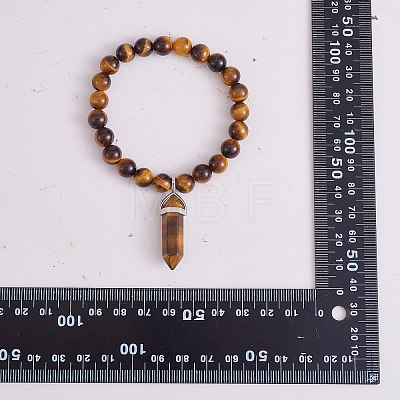 Natural Tiger Eye Stretch Bracelet with Bullet Shape Charm BJEW-SZ0002-56B-1