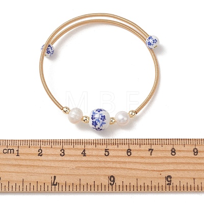 Handmade Porcelain & Natural Cultured Freshwater Pearl & Non-magnetic Synthetic Hematite Beaded Cuff Bangles for Women BJEW-JB14019-1